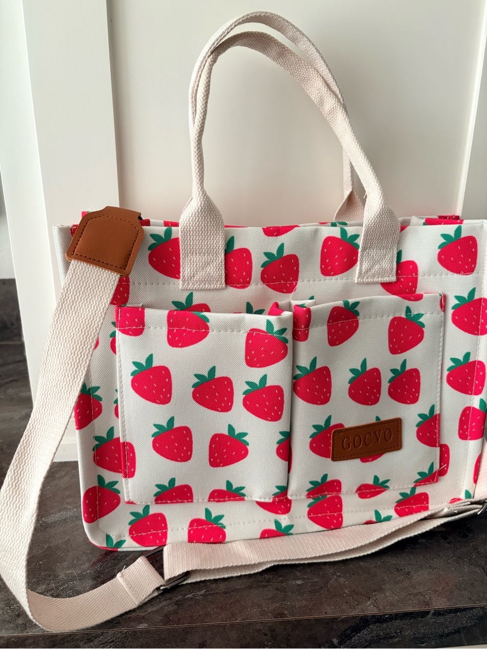 Strawberry Print Canvas Tote Bag - Pink/White